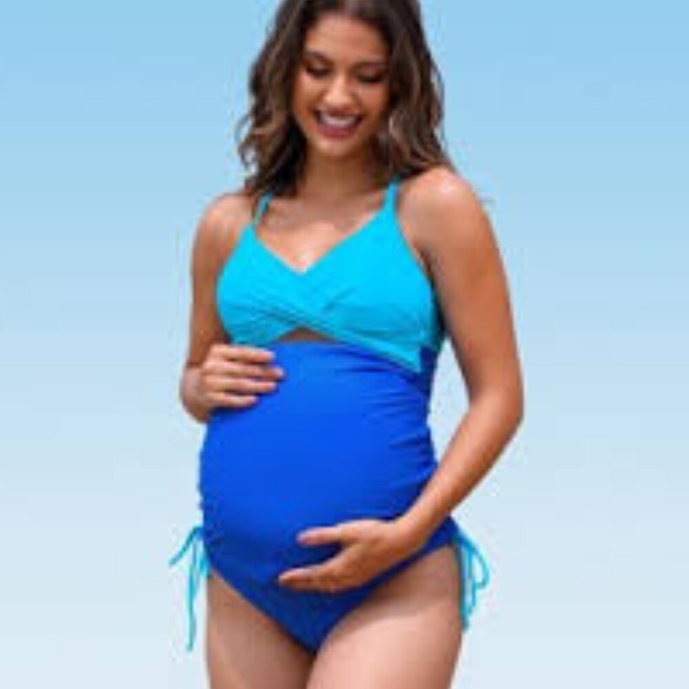 CUPSHE BLUE COLORBLOCK MATERNITY TANKINI SWIMSUIT SIZE LARGE NWT